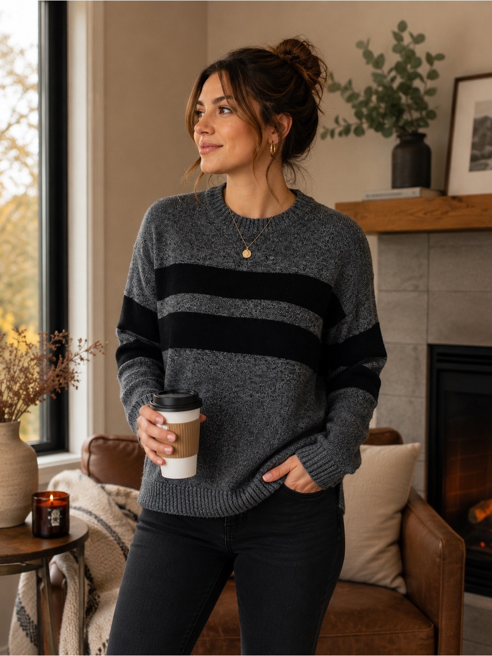 American Eagle Gray Black Striped Crewneck Knit Sweater Cozy Casual S Minimalist